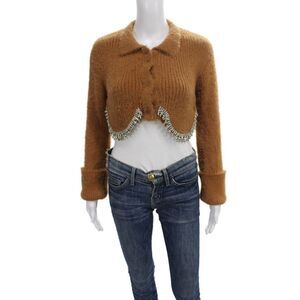 Milkwhite Women Cardigan Sweater Brown Collared Long Sleeve Polyamide Size S